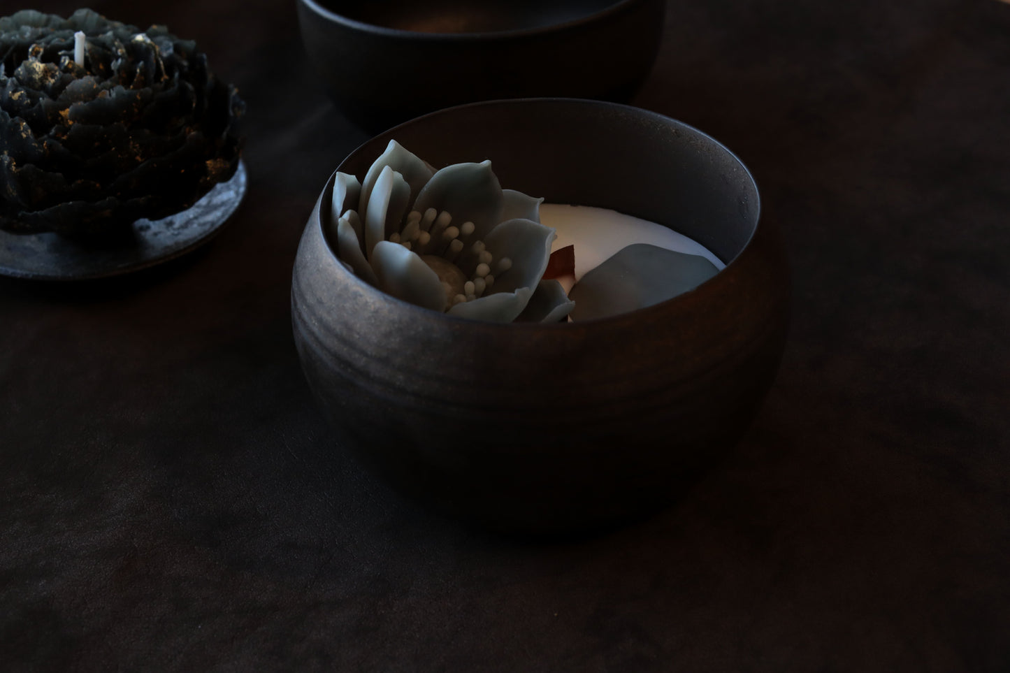 Handmade Black Lotus Scented Ceramic Cup Wax Wabi sabi Candle – Zen - inspired, Wabi sabi, with a Unique Wilting Petal Effect